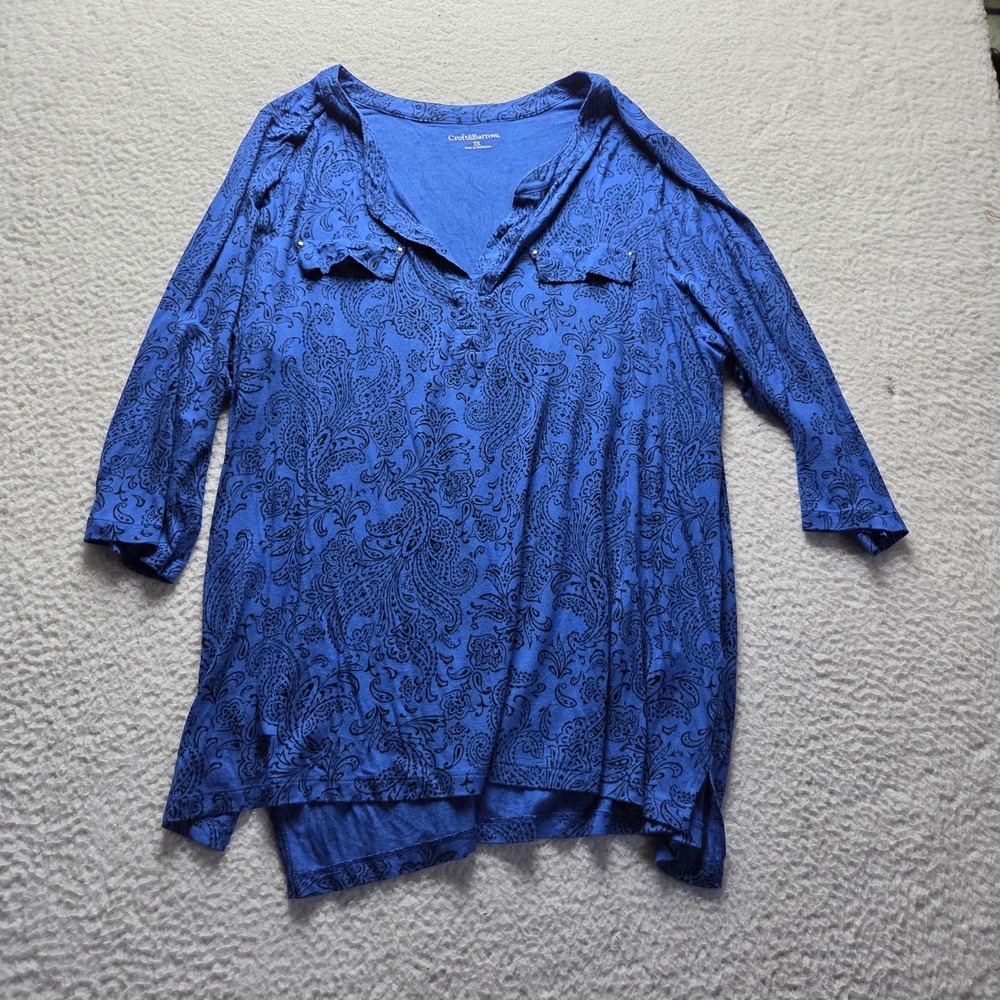 Croft & Barrow Blouse Womens Plus 2X Blue V Neck 3/4 Sleeve Paisley Tunic Top